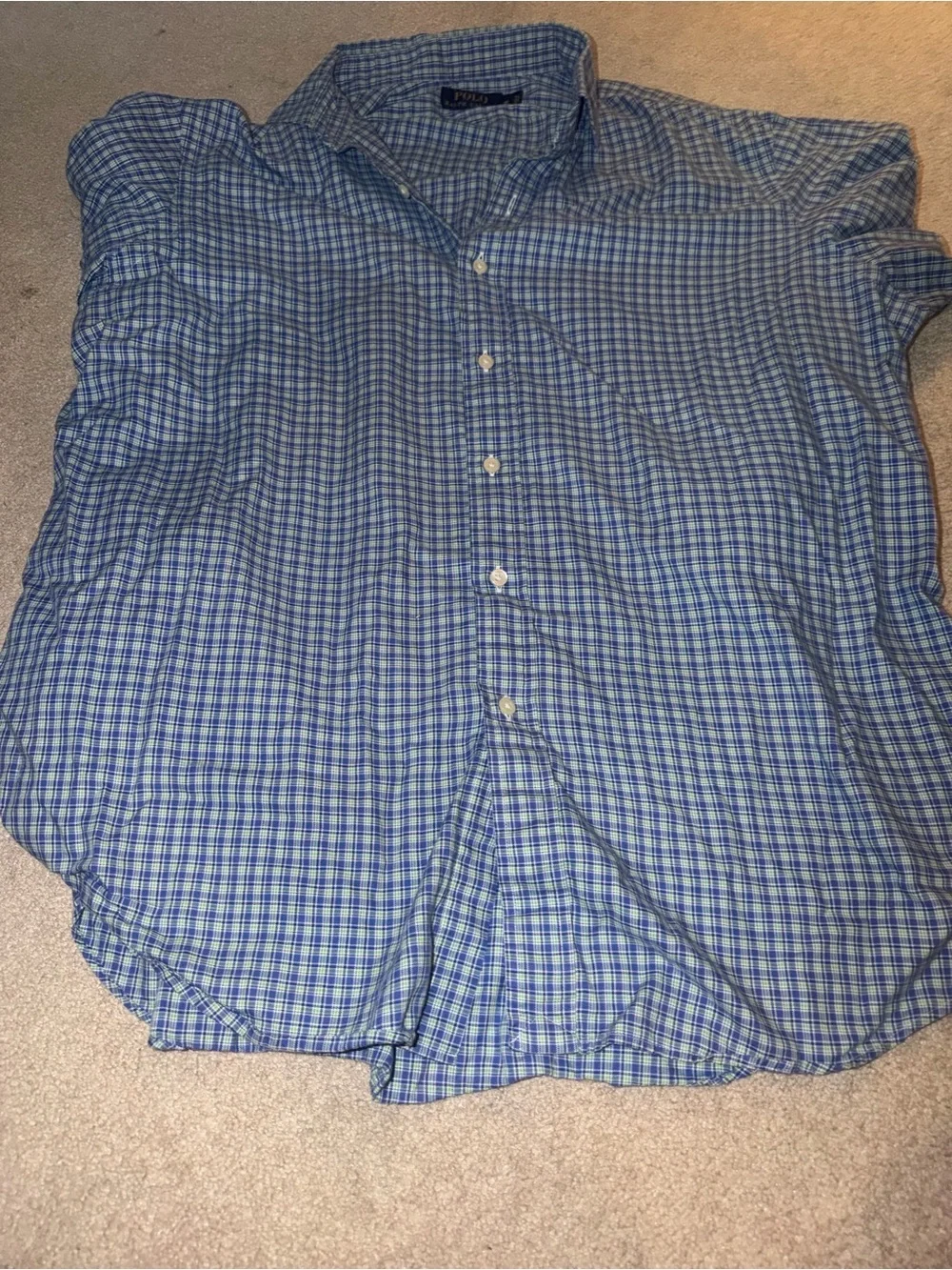 Polo Ralph Lauren button-down shirt features a blue and green plaid pattern XL